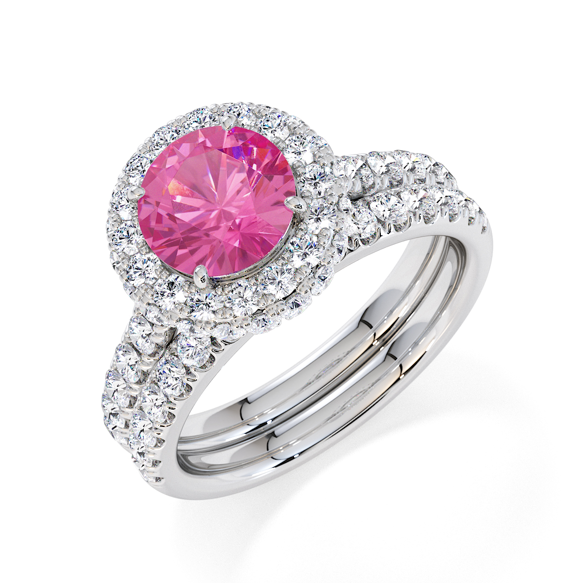 Round Lab Pink Sapphire and Diamond Engagement Ring in Gold / Platinum