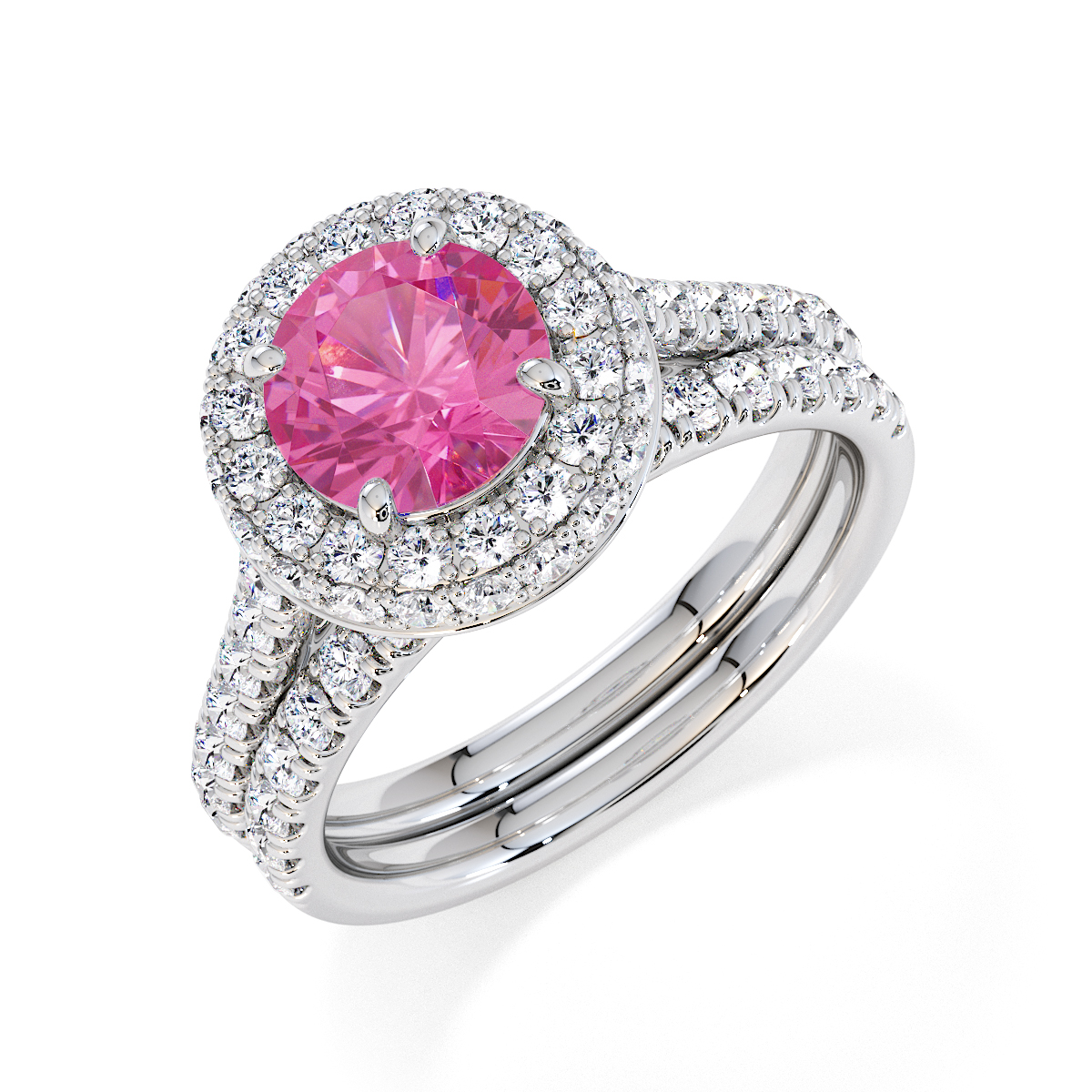 Round Lab Pink Sapphire and Diamond Engagement Ring in Gold / Platinum