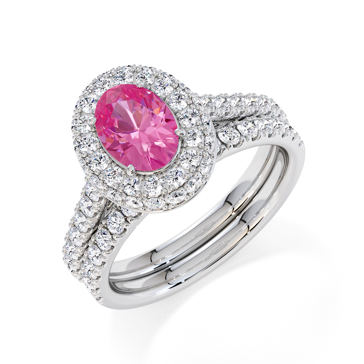 Oval Lab Pink Sapphire and Diamond Engagement Ring in Gold / Platinum