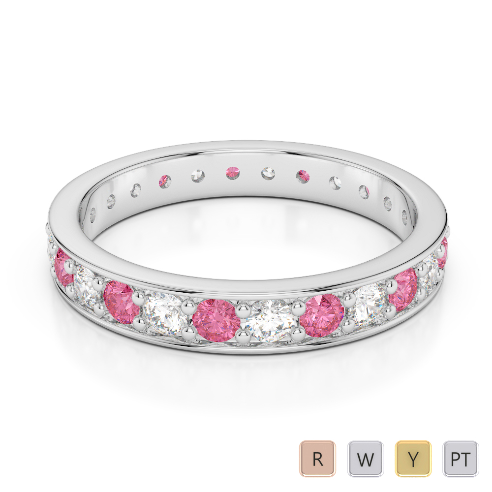 3 MM Gold / Platinum Round Cut Pink Tourmaline and Diamond Full Eternity Ring AGDR-1080