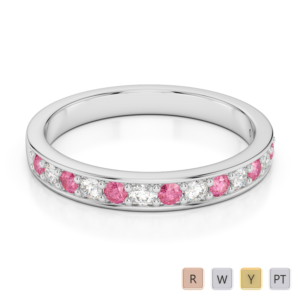 2.5 MM Gold / Platinum Round Cut Pink Tourmaline and Diamond Half Eternity Ring AGDR-1083