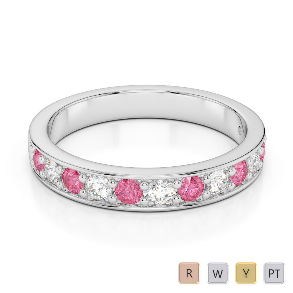 3 MM Gold / Platinum Round Cut Pink Tourmaline and Diamond Half Eternity Ring AGDR-1084