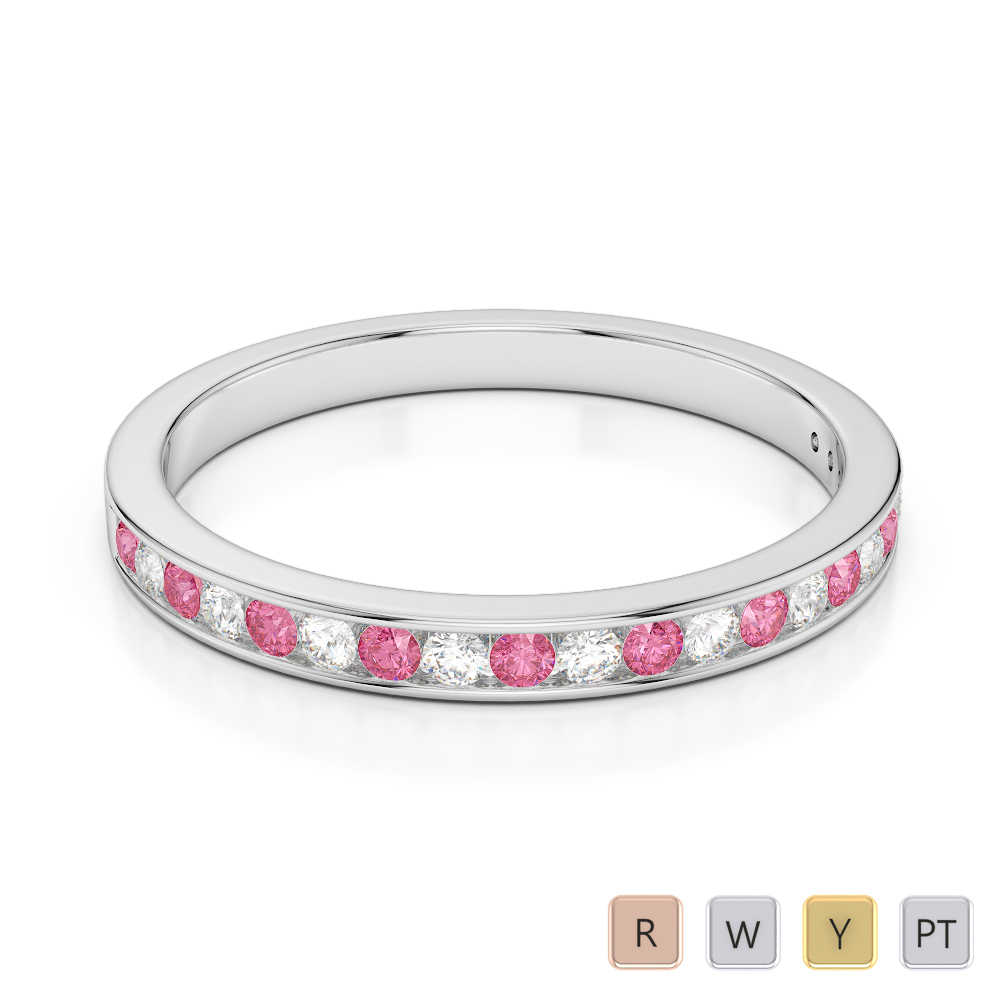 2.5 MM Gold / Platinum Round Cut Pink Tourmaline and Diamond Half Eternity Ring AGDR-1089