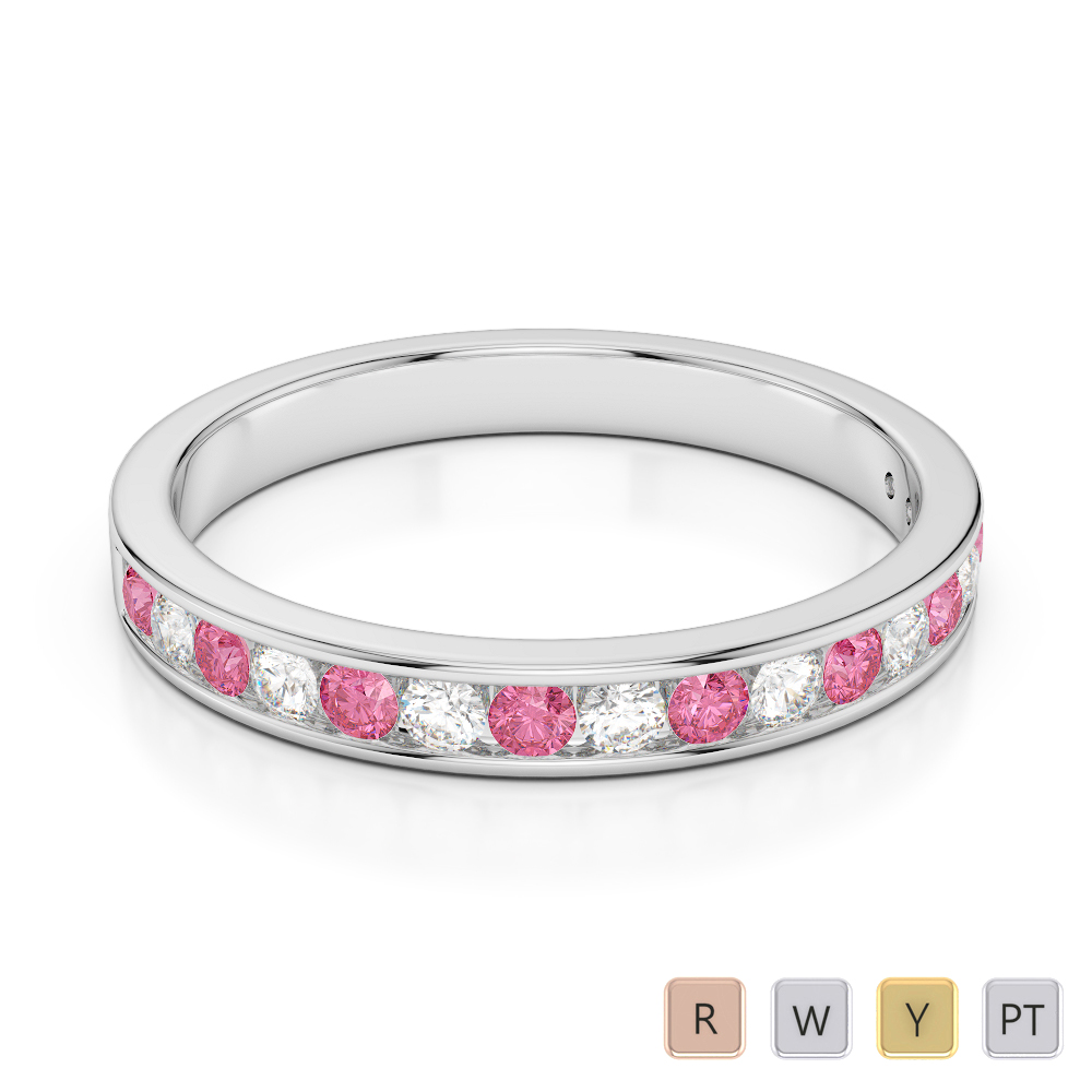 3 MM Gold / Platinum Round Cut Pink Tourmaline and Diamond Half Eternity Ring AGDR-1090