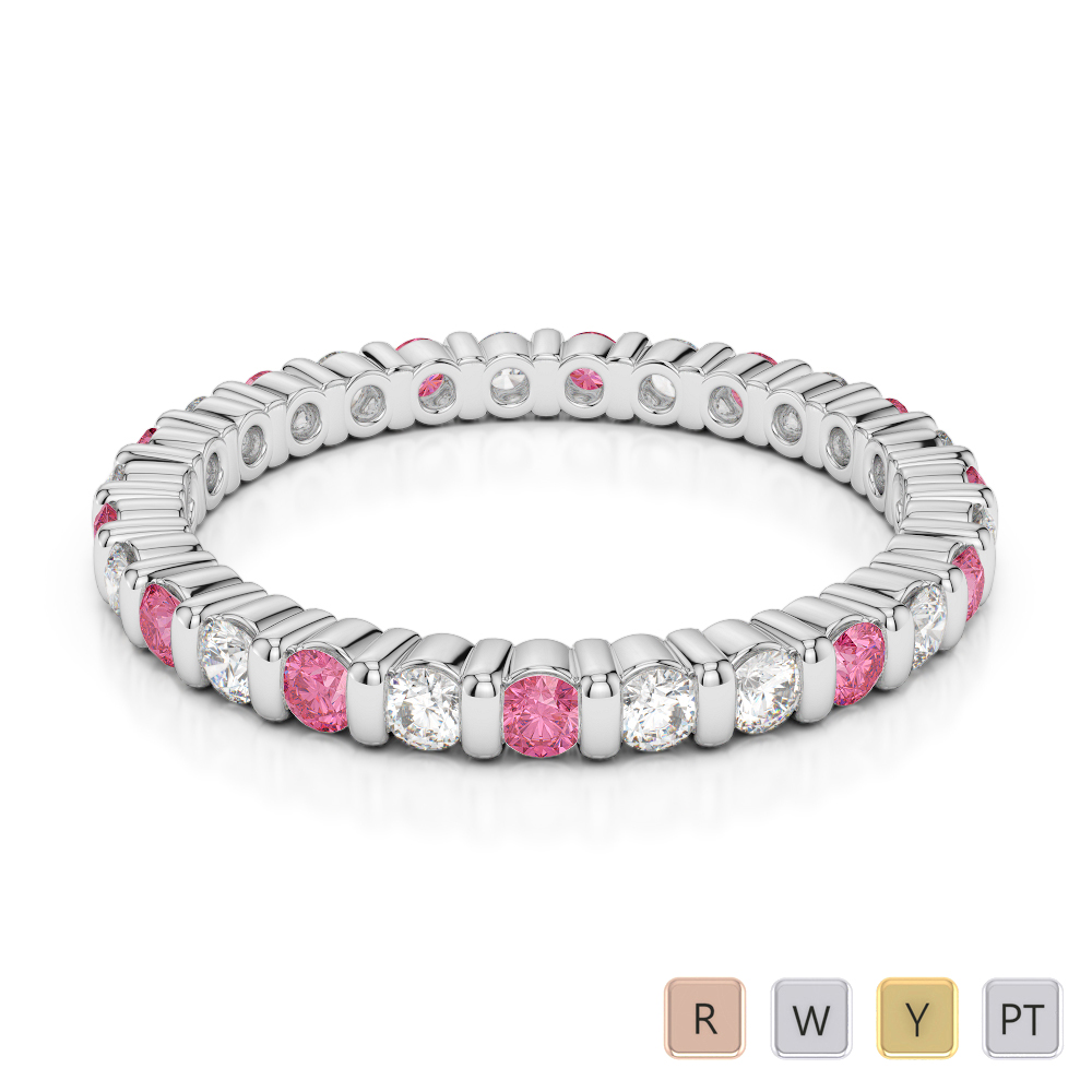 2 MM Gold / Platinum Round Cut Pink Tourmaline and Diamond Full Eternity Ring AGDR-1092