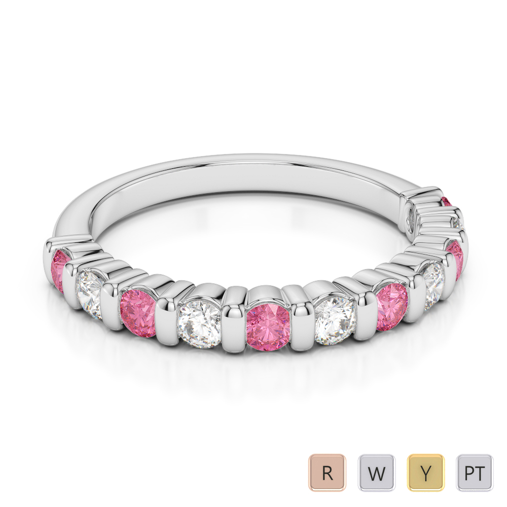 2.5 MM Gold / Platinum Round Cut Pink Tourmaline and Diamond Half Eternity Ring AGDR-1096