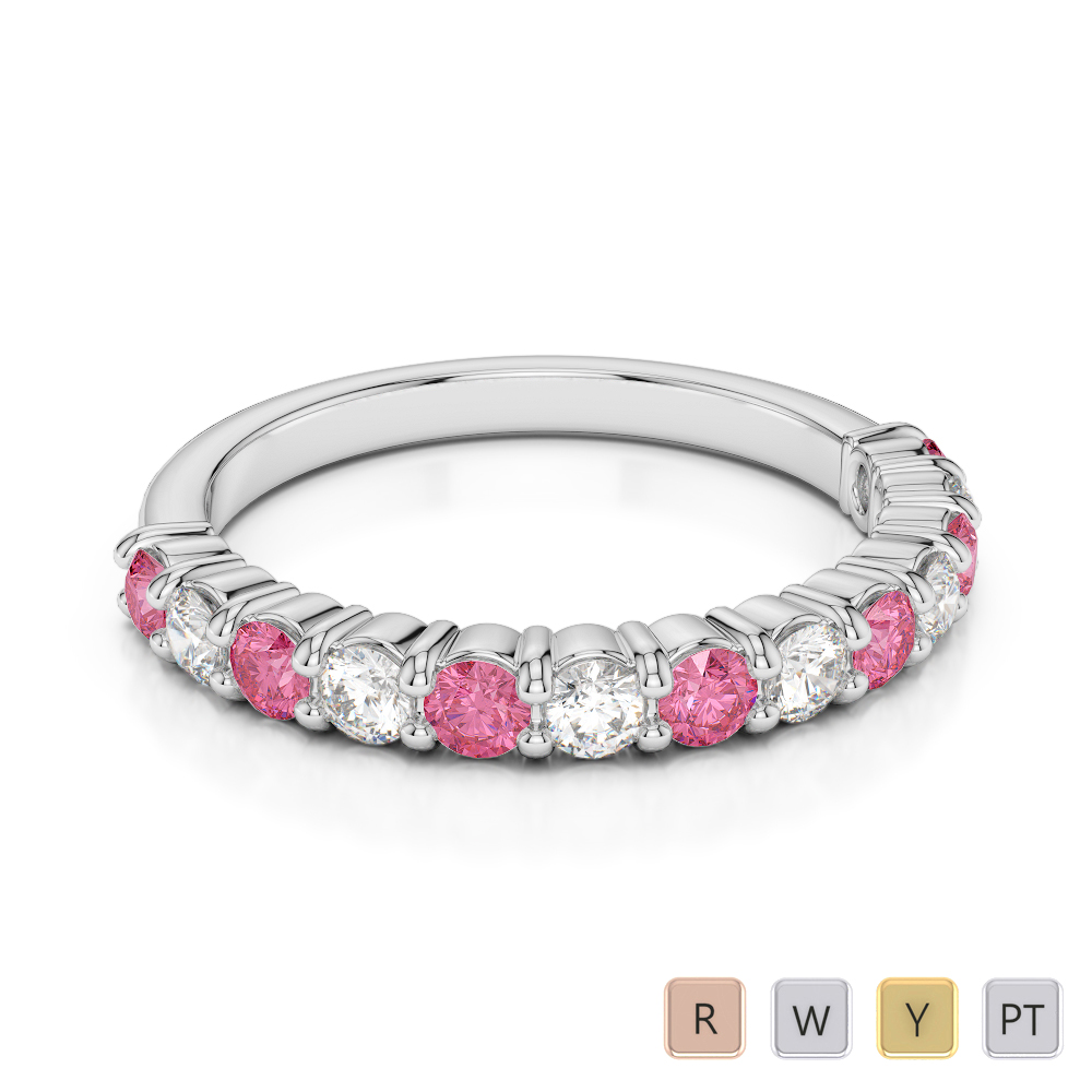 2.5 MM Gold / Platinum Round Cut Pink Tourmaline and Diamond Half Eternity Ring AGDR-1114