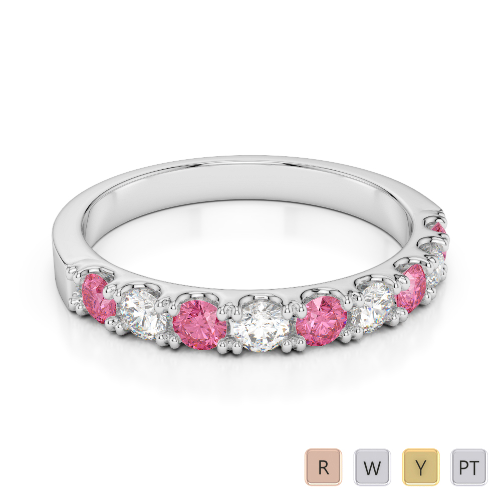 2.5 MM Gold / Platinum Round Cut Pink Tourmaline and Diamond Half Eternity Ring AGDR-1124