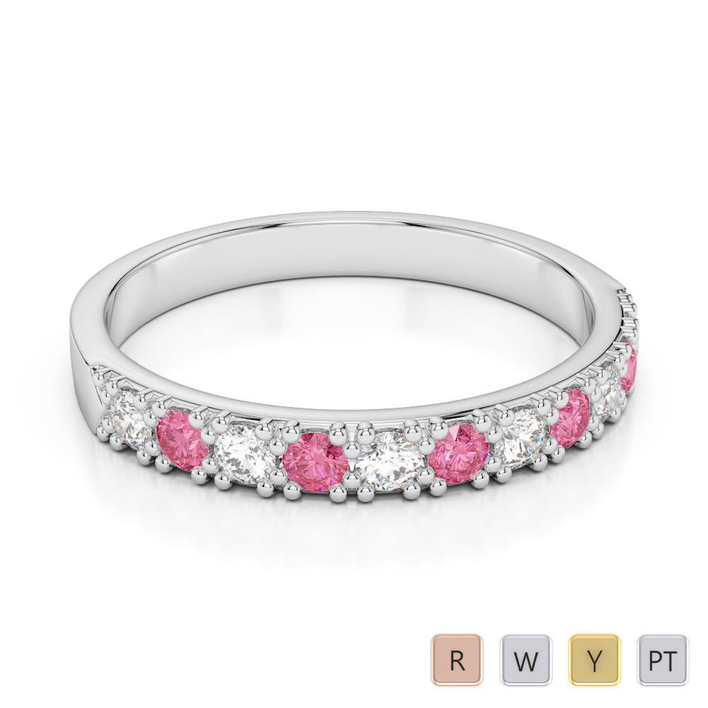 3 MM Gold / Platinum Round Cut Pink Tourmaline and Diamond Half Eternity Ring AGDR-1130