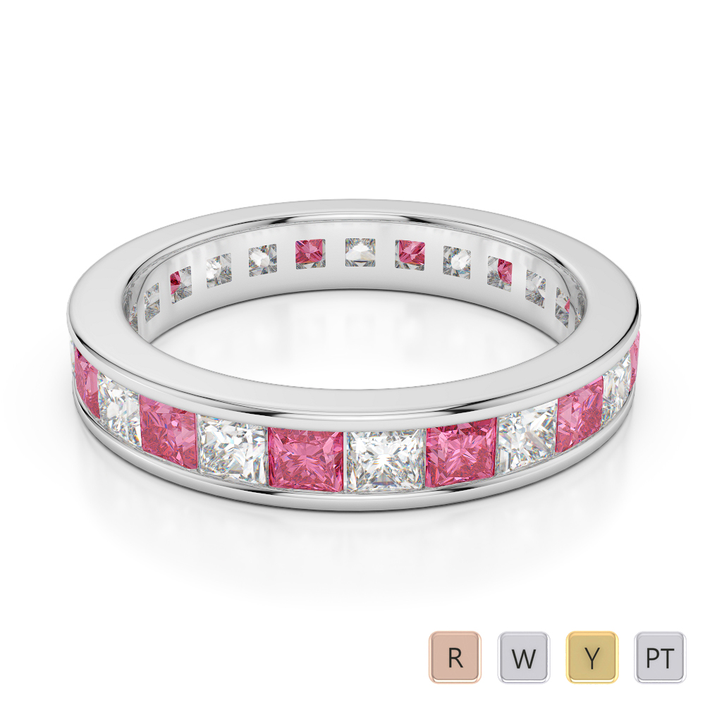 4 MM Gold / Platinum Princess Cut Pink Tourmaline and Diamond Full Eternity Ring AGDR-1134