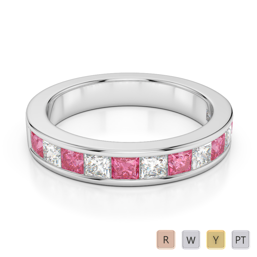 4 MM Gold / Platinum Princess Cut Pink Tourmaline and Diamond Half Eternity Ring AGDR-1137
