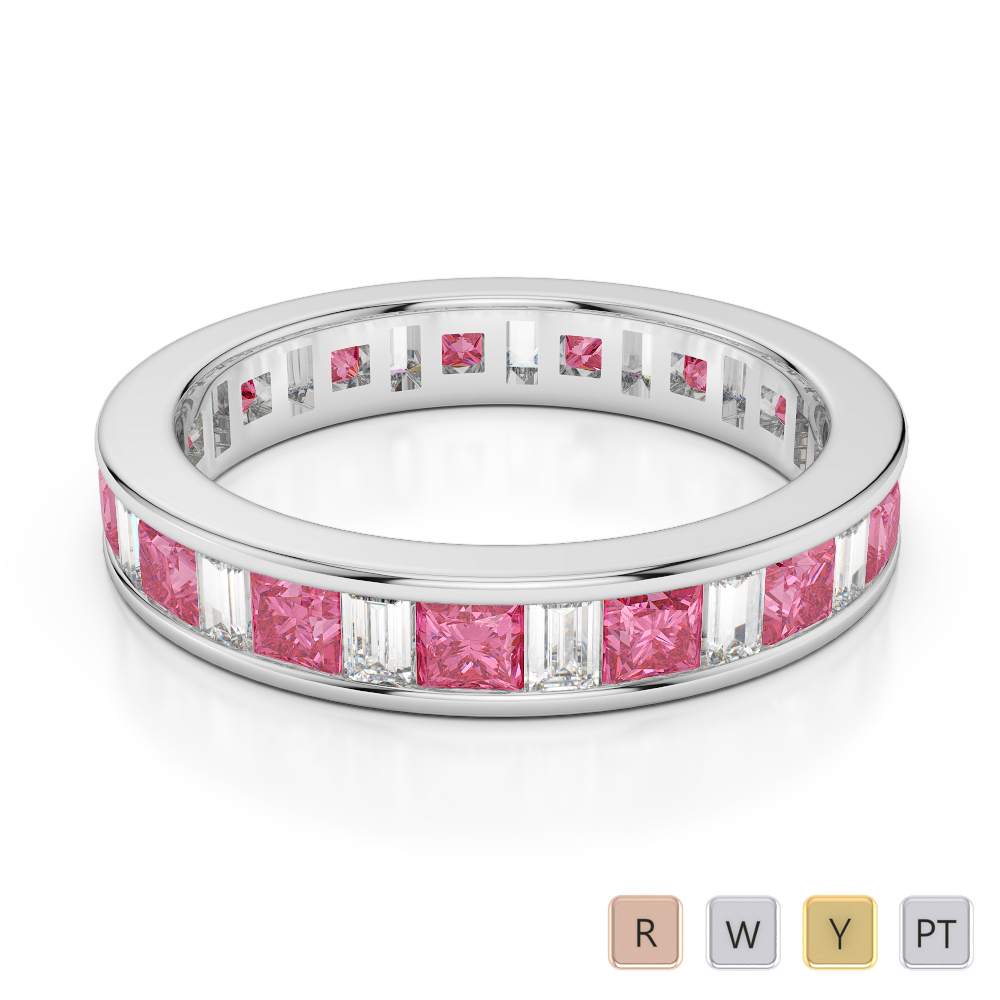 4 MM Gold / Platinum Princess and Baguette Cut Pink Tourmaline and Diamond Full Eternity Ring AGDR-1141