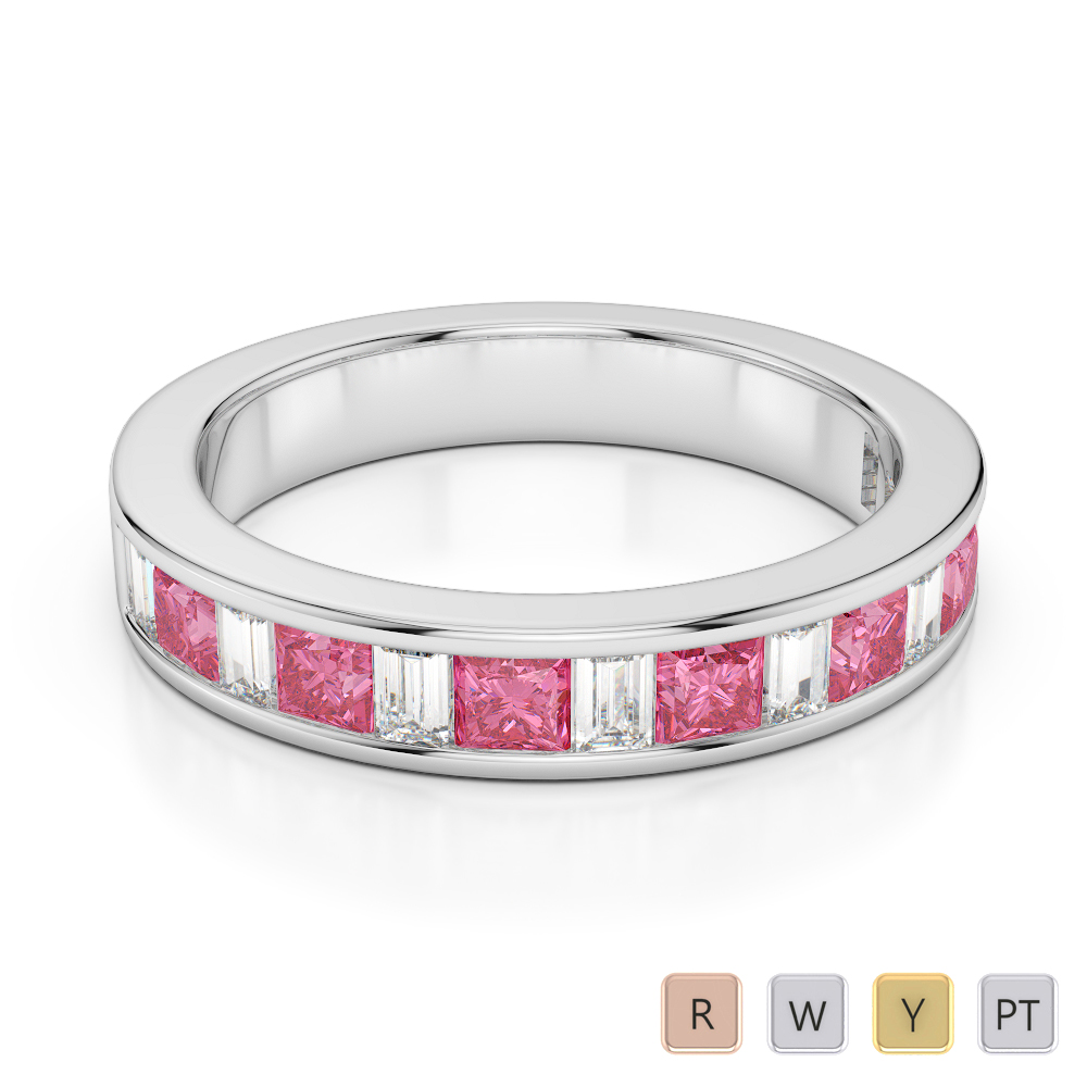 4 MM Gold / Platinum Princess and Baguette Cut Pink Tourmaline and Diamond Half Eternity Ring AGDR-1143