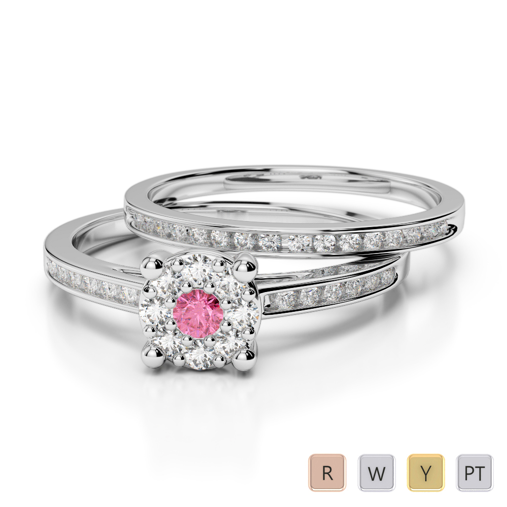 Gold / Platinum Round cut Pink Tourmaline and Diamond Bridal Set Ring AGDR-1052