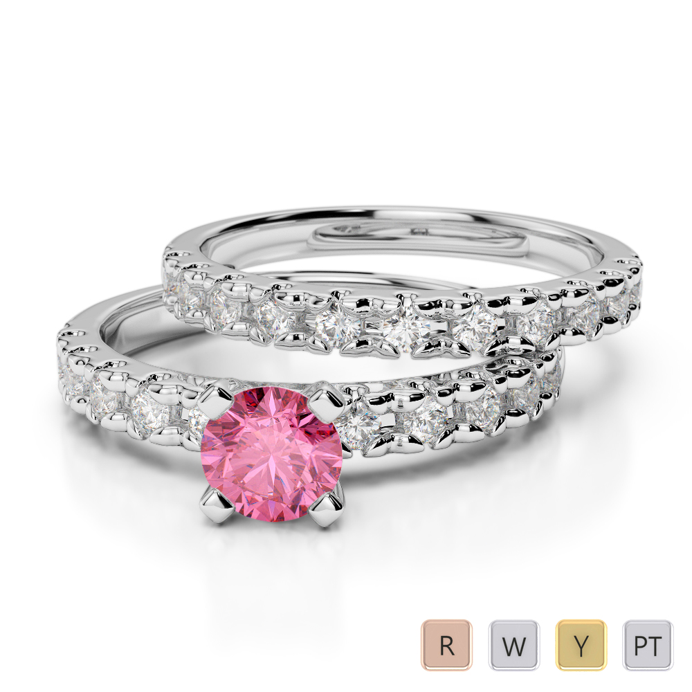 Gold / Platinum Round cut Pink Tourmaline and Diamond Bridal Set Ring AGDR-1144