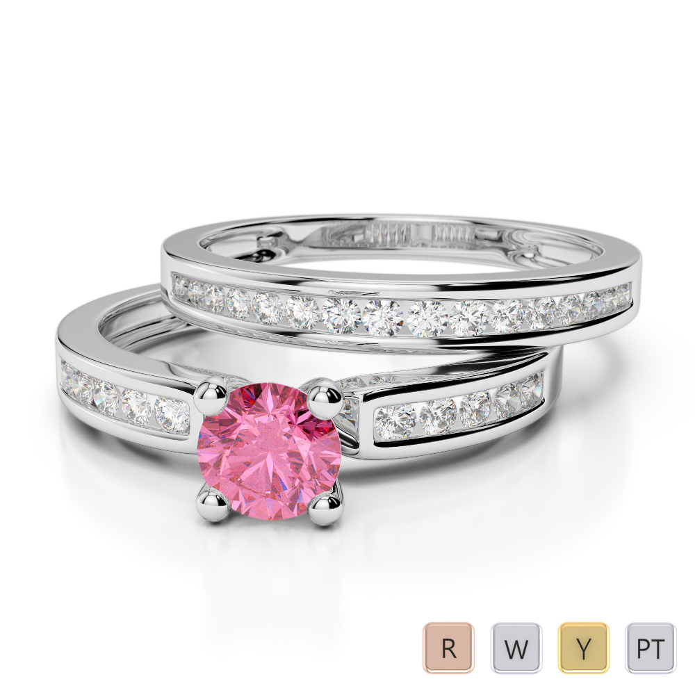 Gold / Platinum Round cut Pink Tourmaline and Diamond Bridal Set Ring AGDR-1157
