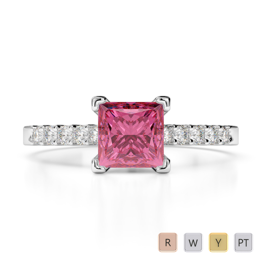 Gold / Platinum Round and Princess Cut Pink Tourmaline and Diamond Engagement Ring AGDR-1210