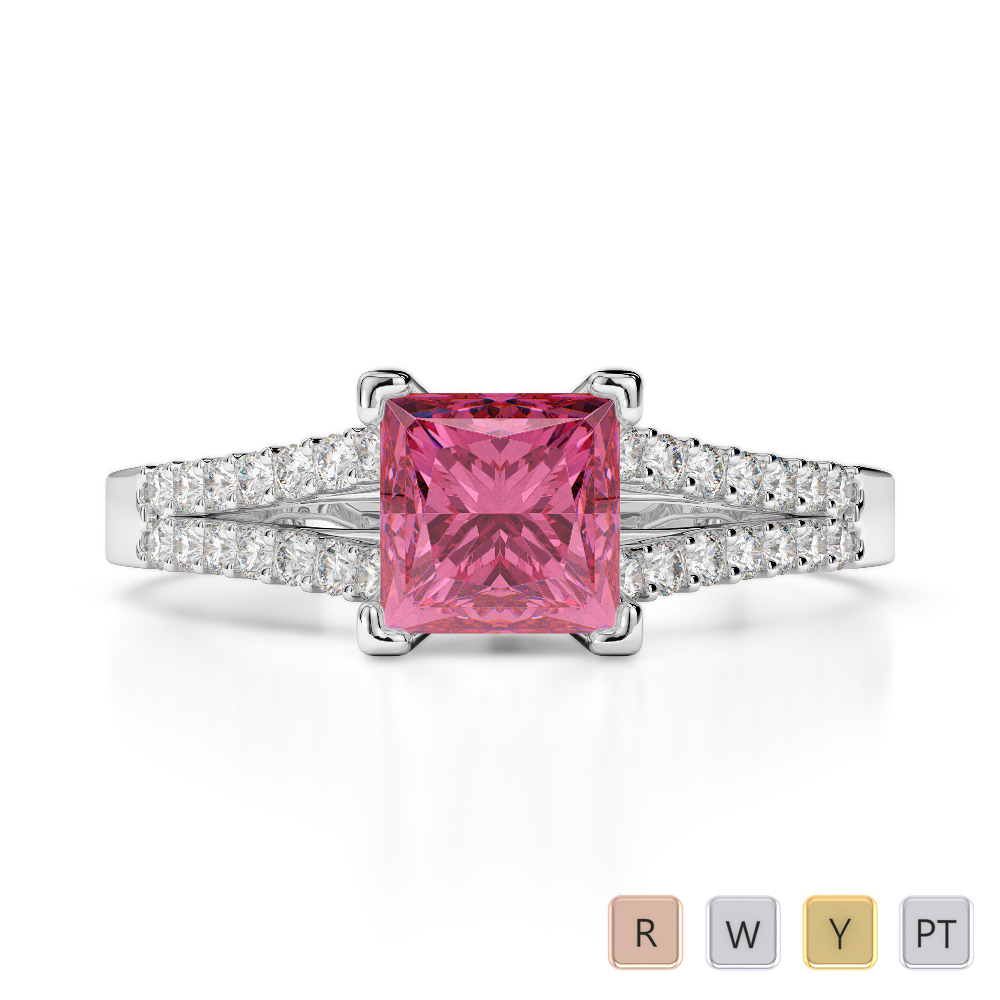 Gold / Platinum Round and Princess Cut Pink Tourmaline and Diamond Engagement Ring AGDR-1211