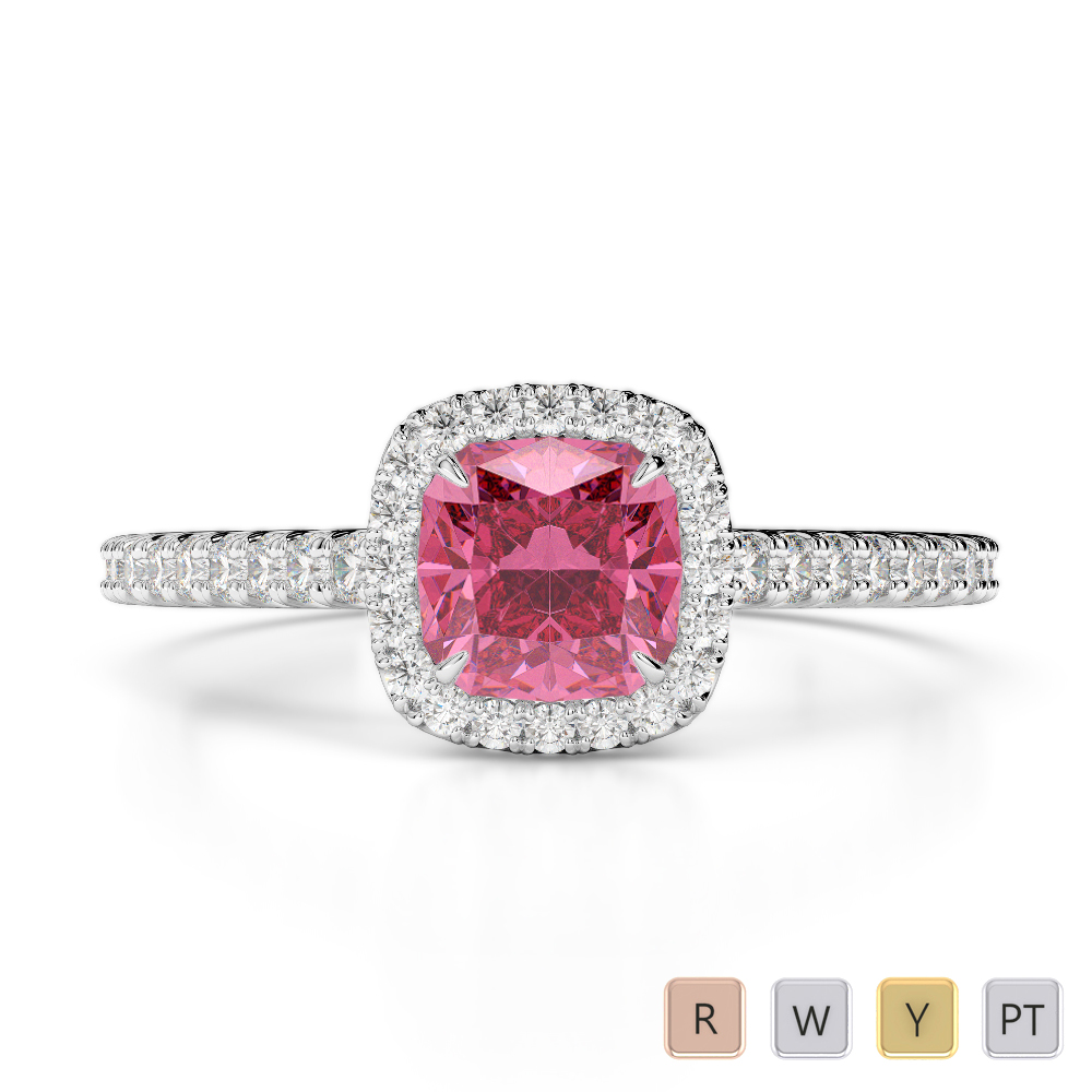 Gold / Platinum Round and Cushion Cut Pink Tourmaline and Diamond Engagement Ring AGDR-1212