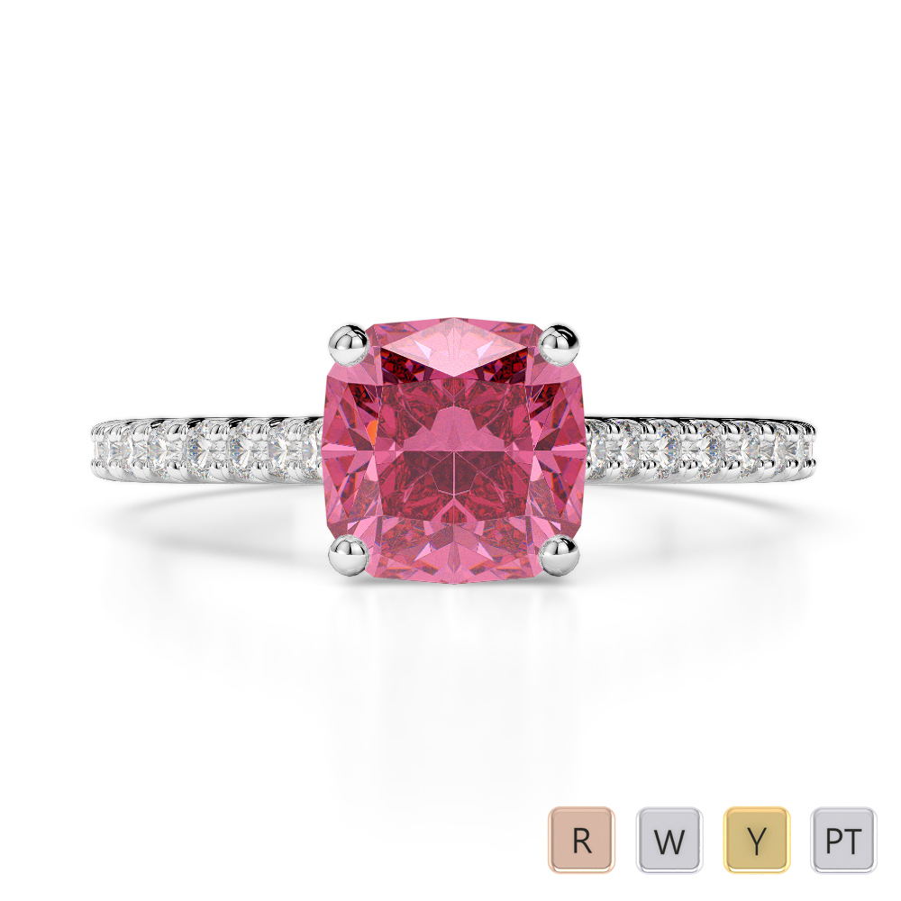 Gold / Platinum Round and Cushion Cut Pink Tourmaline and Diamond Engagement Ring AGDR-1216