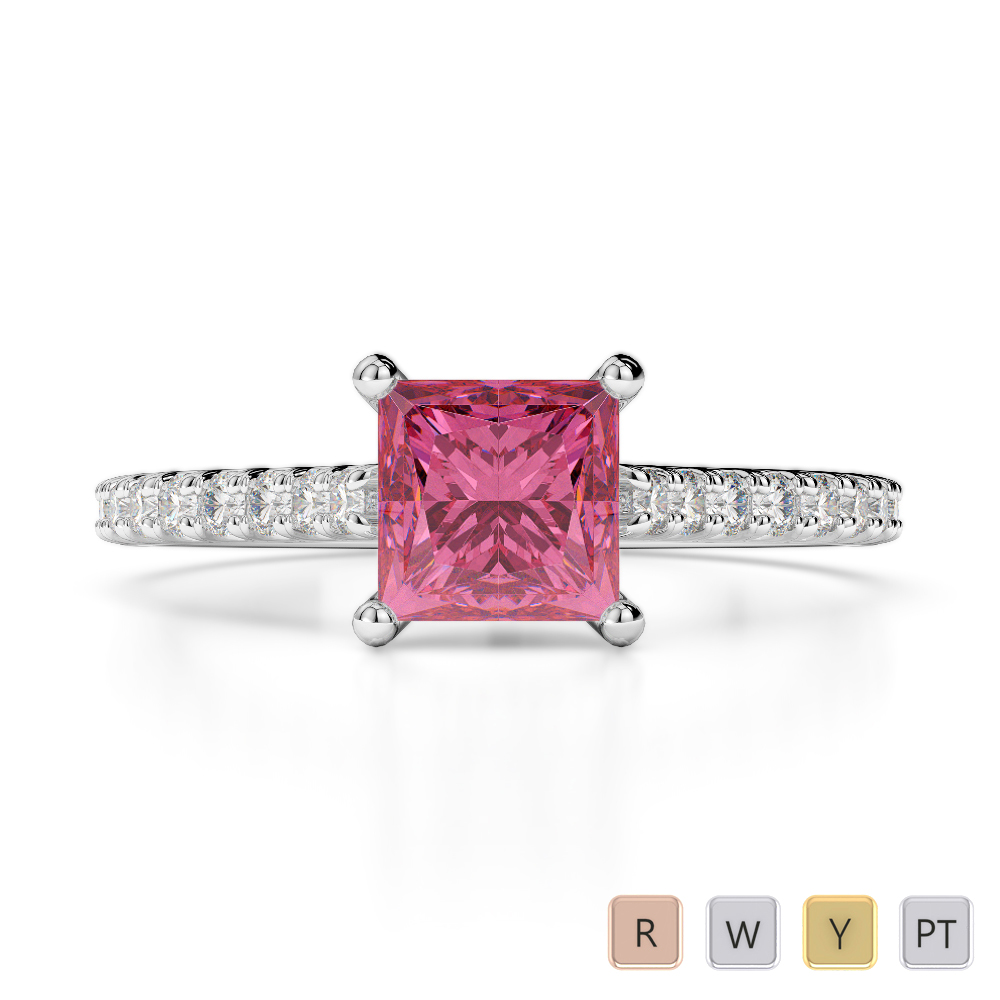 Gold / Platinum Round and Princess Cut Pink Tourmaline and Diamond Engagement Ring AGDR-1217
