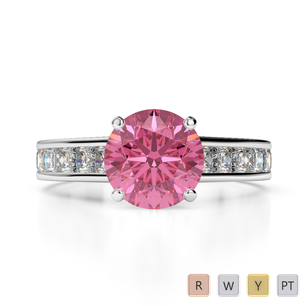 Gold / Platinum Round and Princess Cut Pink Tourmaline and Diamond Engagement Ring AGDR-1224