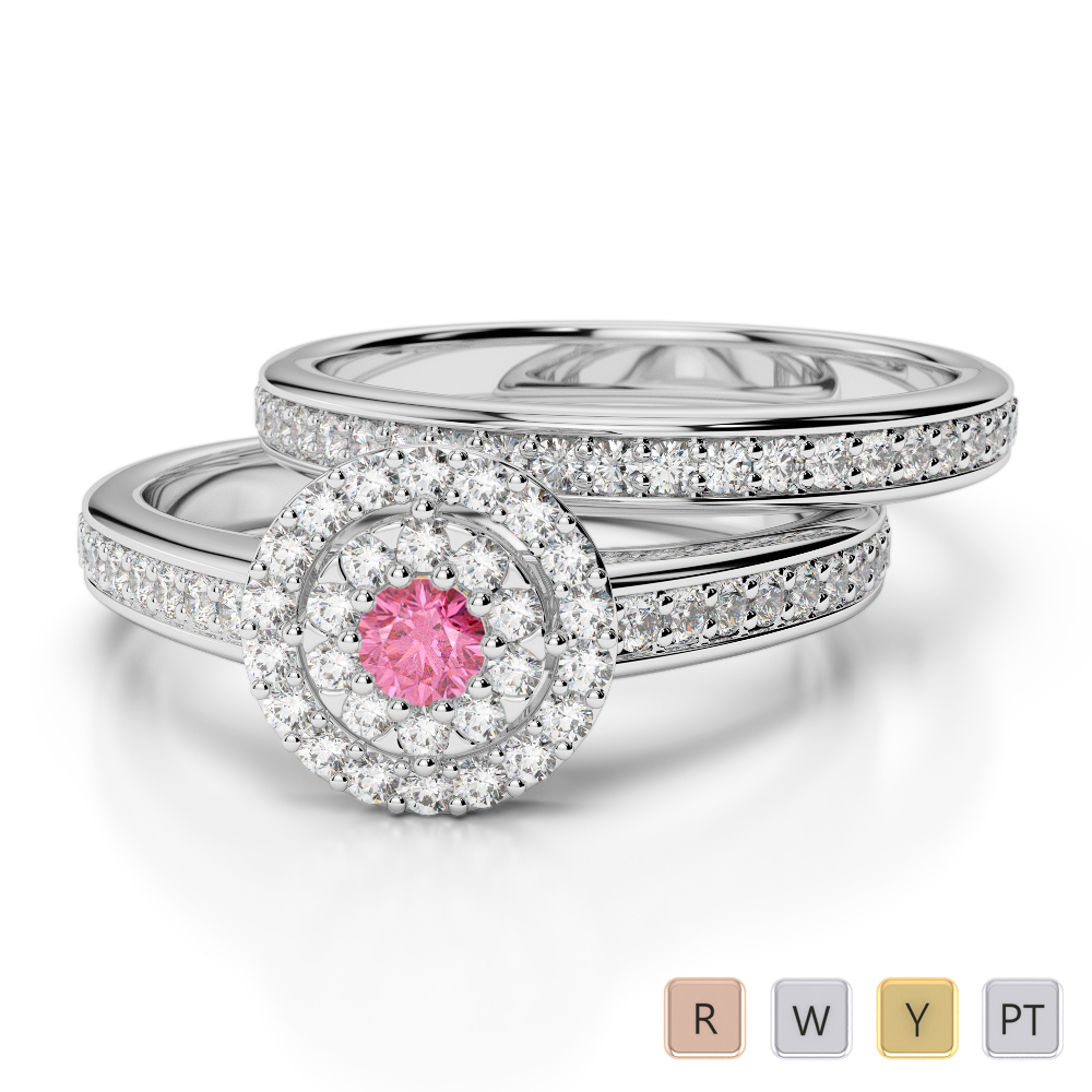 Gold / Platinum Round cut Pink Tourmaline and Diamond Bridal Set Ring AGDR-1239