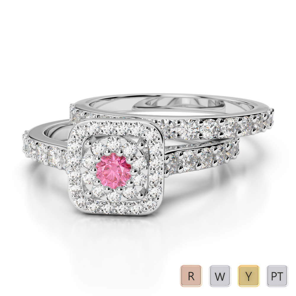 Gold / Platinum Round cut Pink Tourmaline and Diamond Bridal Set Ring AGDR-1246