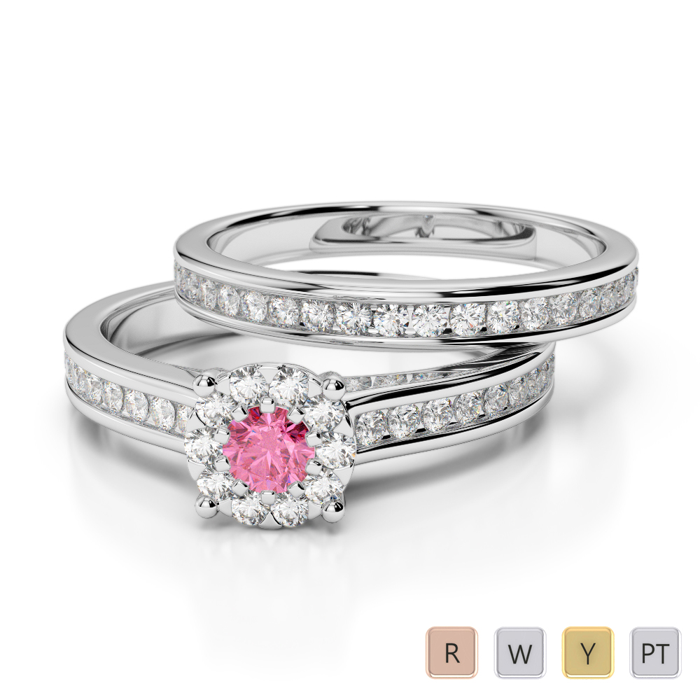 Gold / Platinum Round cut Pink Tourmaline and Diamond Bridal Set Ring AGDR-1339