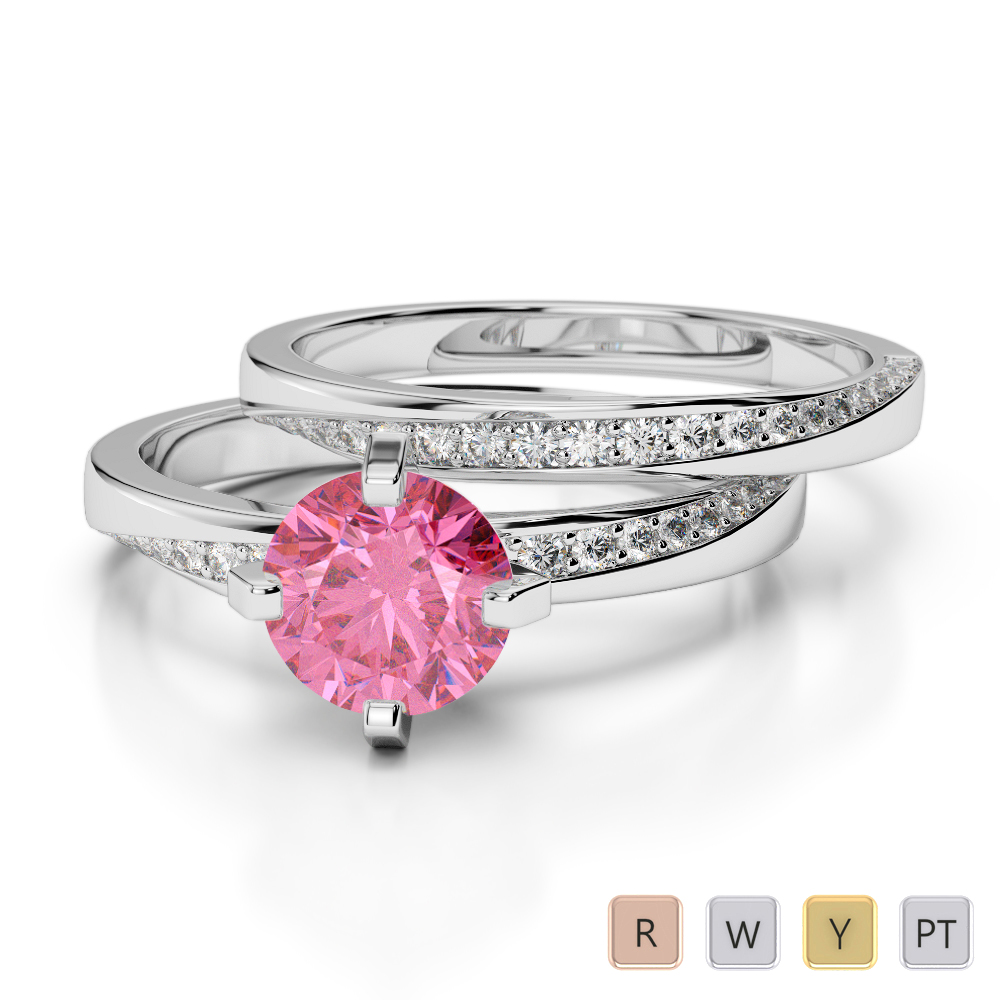 Gold / Platinum Round cut Pink Tourmaline and Diamond Bridal Set Ring AGDR-2001