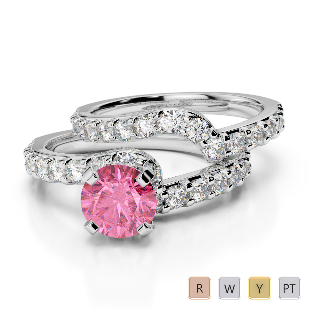 Gold / Platinum Round cut Pink Tourmaline and Diamond Bridal Set Ring AGDR-2003