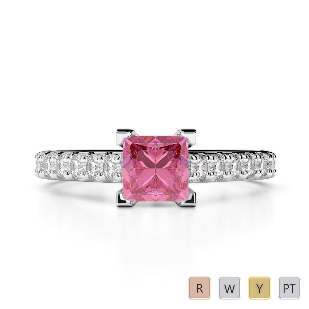 Gold / Platinum Round and Princess Cut Pink Tourmaline and Diamond Engagement Ring AGDR-2008