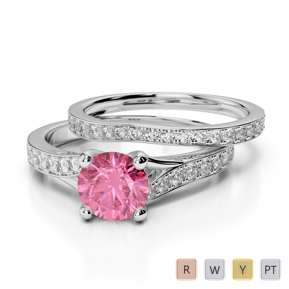 Gold / Platinum Round cut Pink Tourmaline and Diamond Bridal Set Ring AGDR-2011