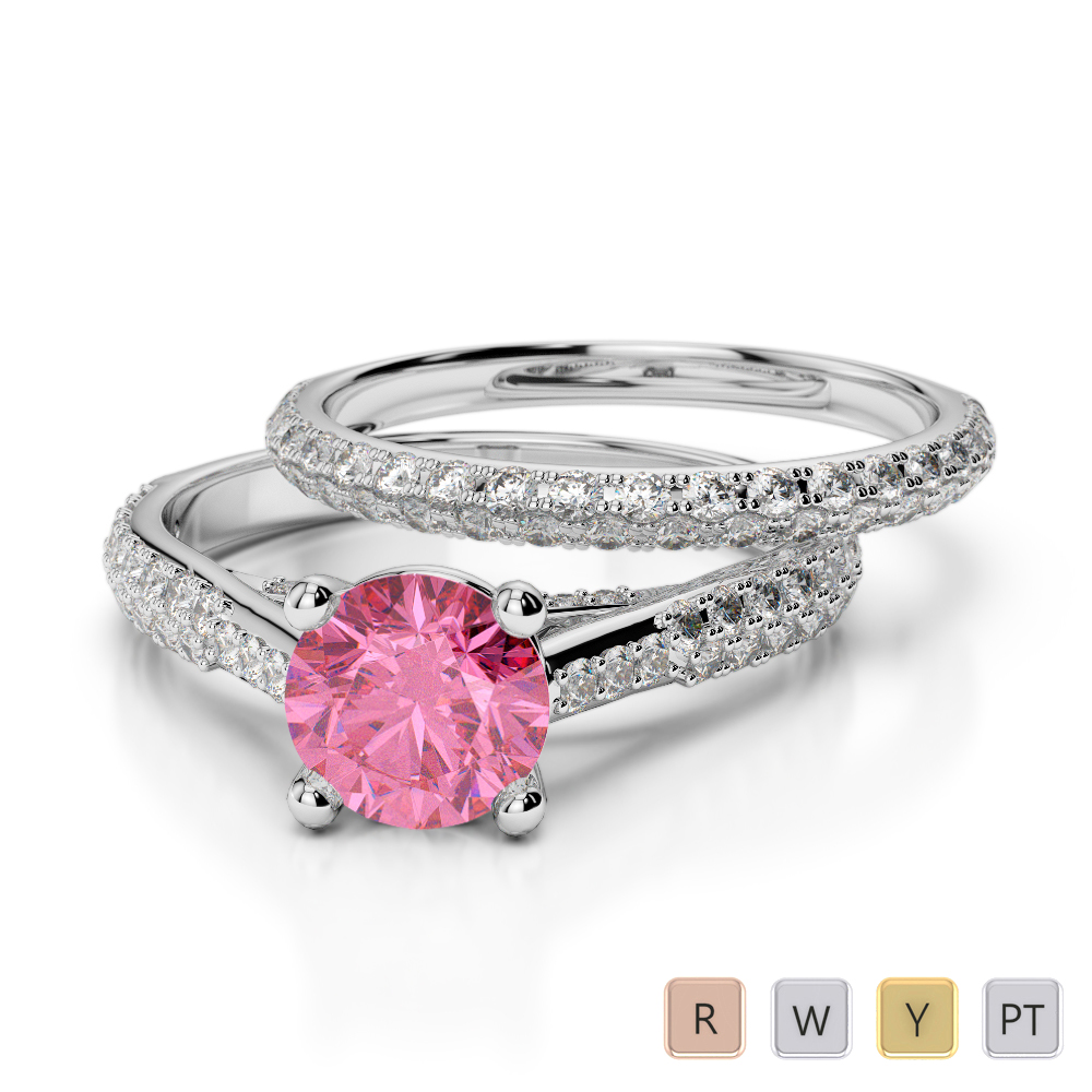Gold / Platinum Round cut Pink Tourmaline and Diamond Bridal Set Ring AGDR-2013