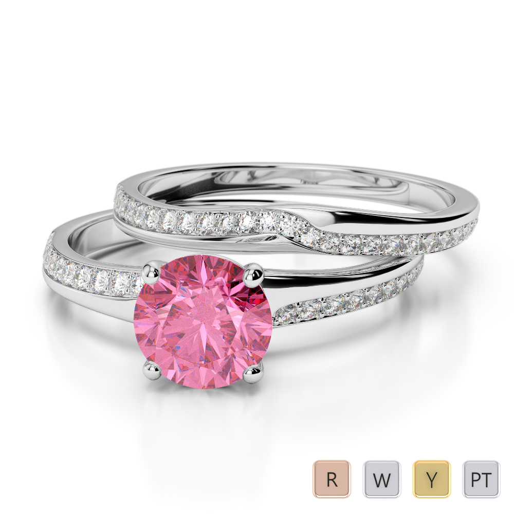 Gold / Platinum Round cut Pink Tourmaline and Diamond Bridal Set Ring AGDR-2015