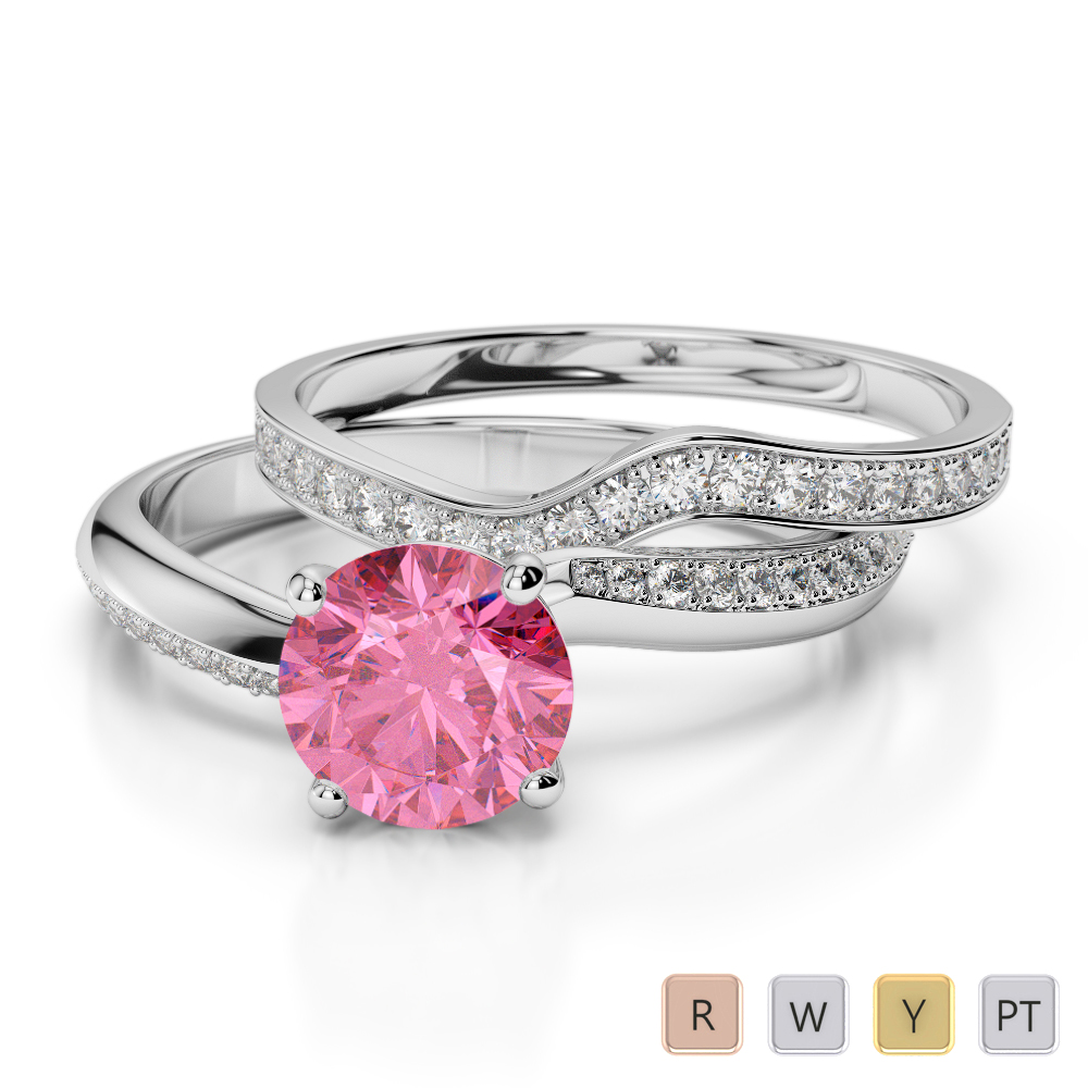 Gold / Platinum Round cut Pink Tourmaline and Diamond Bridal Set Ring AGDR-2017
