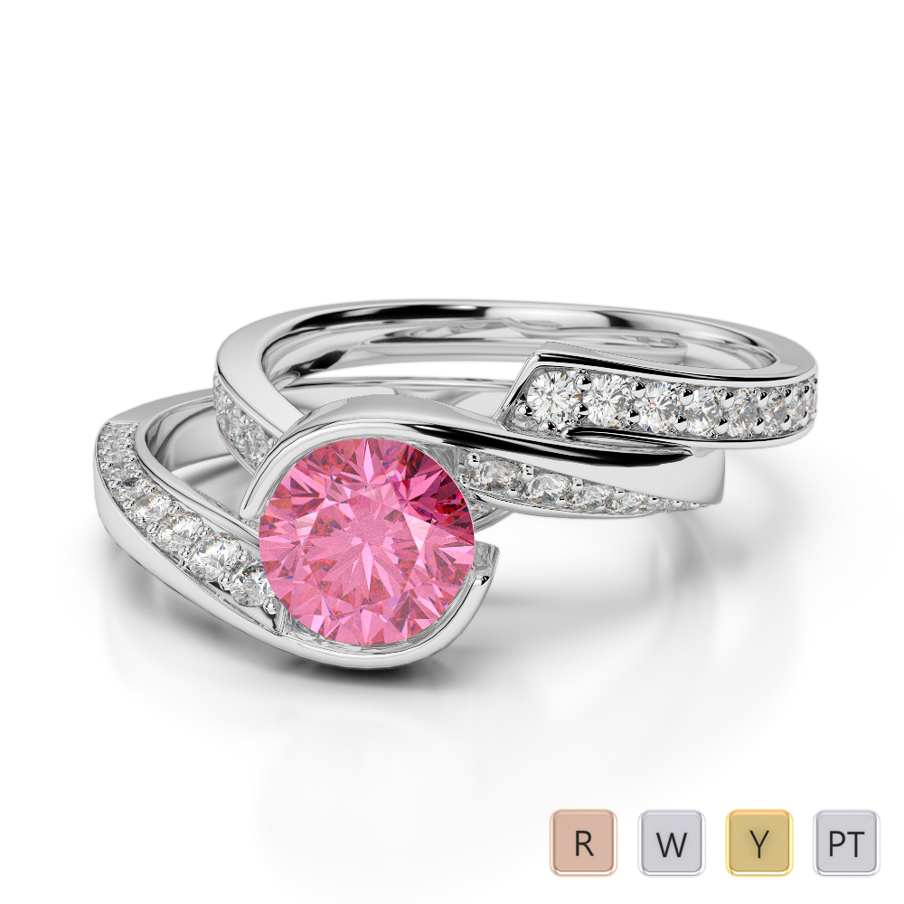 Gold / Platinum Round cut Pink Tourmaline and Diamond Bridal Set Ring AGDR-2019