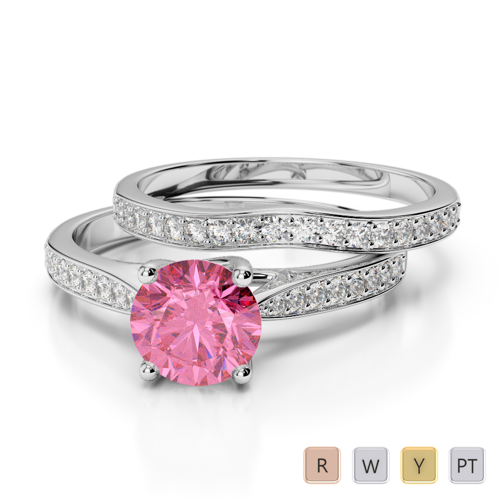Gold / Platinum Round cut Pink Tourmaline and Diamond Bridal Set Ring AGDR-2053