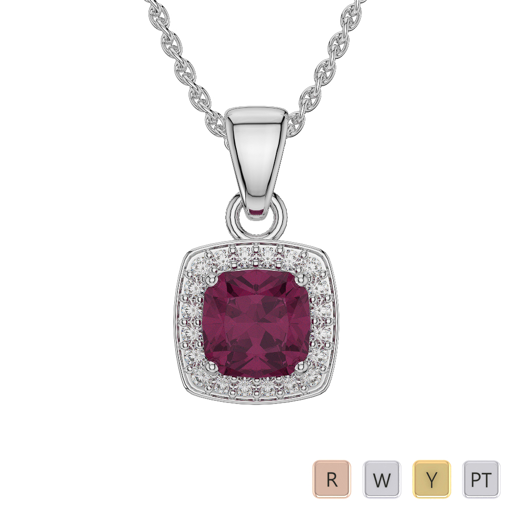 Cushion Shape Ruby and Diamond Necklaces in Gold / Platinum AGDNC-1061