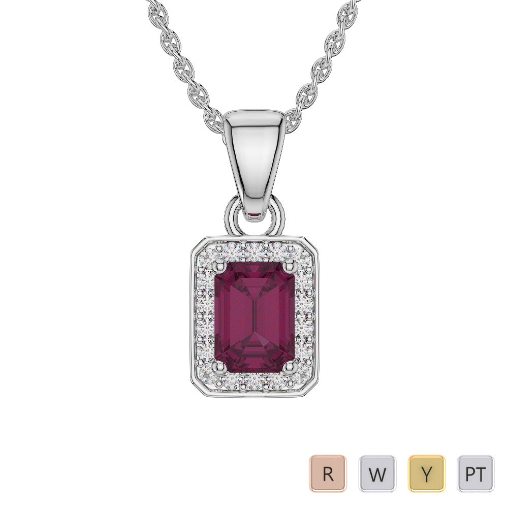 Emerald Shape Ruby and Diamond Necklaces in Gold / Platinum AGDNC-1063-Lab