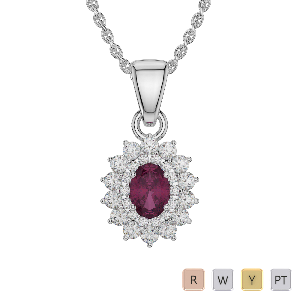 Oval Shape Ruby and Diamond Necklaces in Gold / Platinum AGDNC-1073-Lab