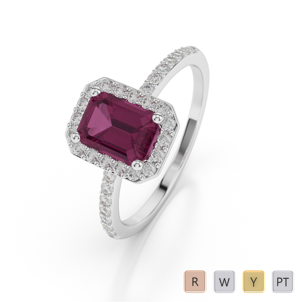 Gold / Platinum Emerald Shape Ruby and Diamond Ring AGDR-1062
