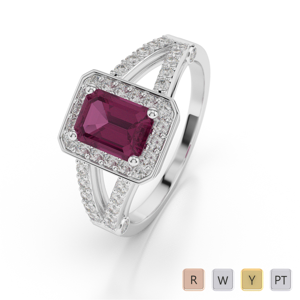 Gold / Platinum Emerald Shape Ruby and Diamond Ring AGDR-1063