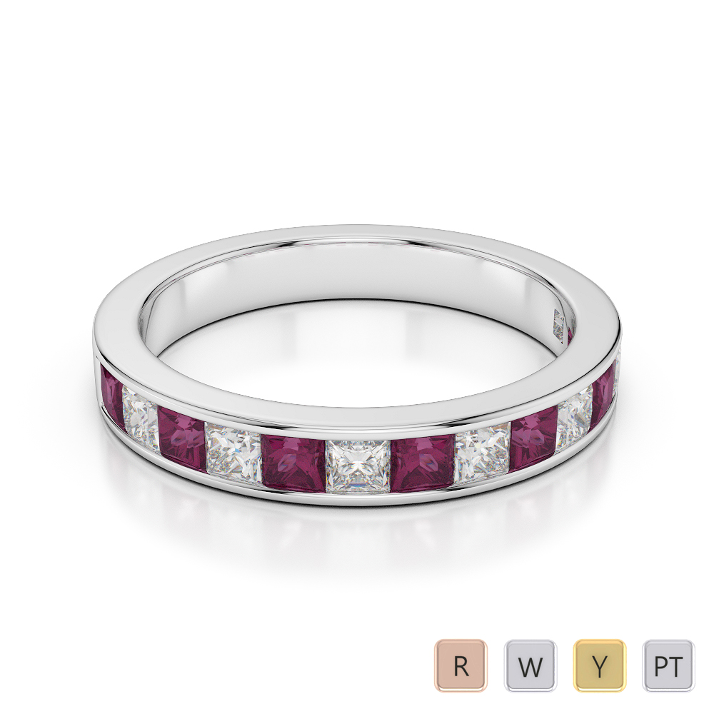 3 MM Gold / Platinum Princess Cut Ruby and Diamond Half Eternity Ring AGDR-1136