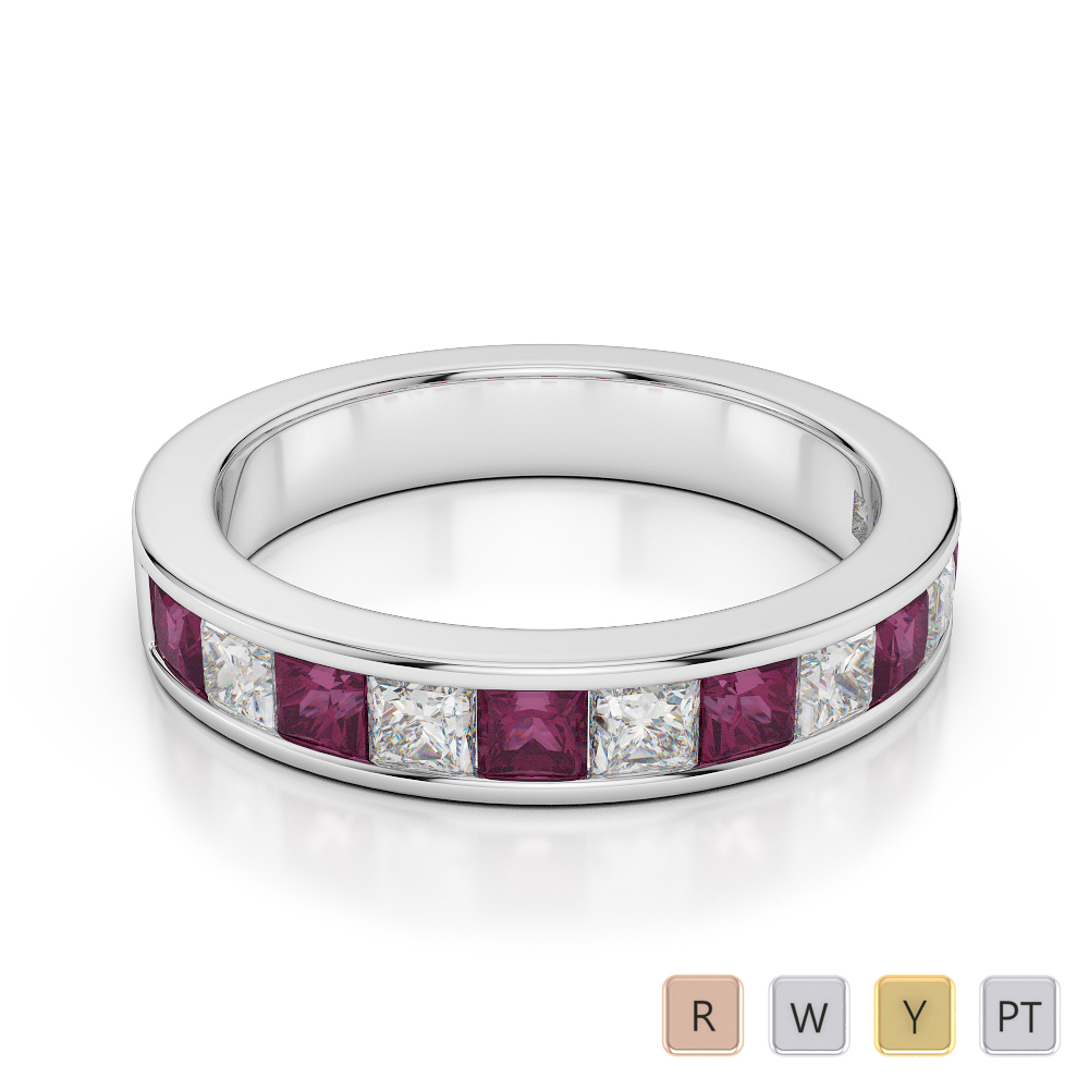 4 MM Gold / Platinum Princess Cut Ruby and Diamond Half Eternity Ring AGDR-1137