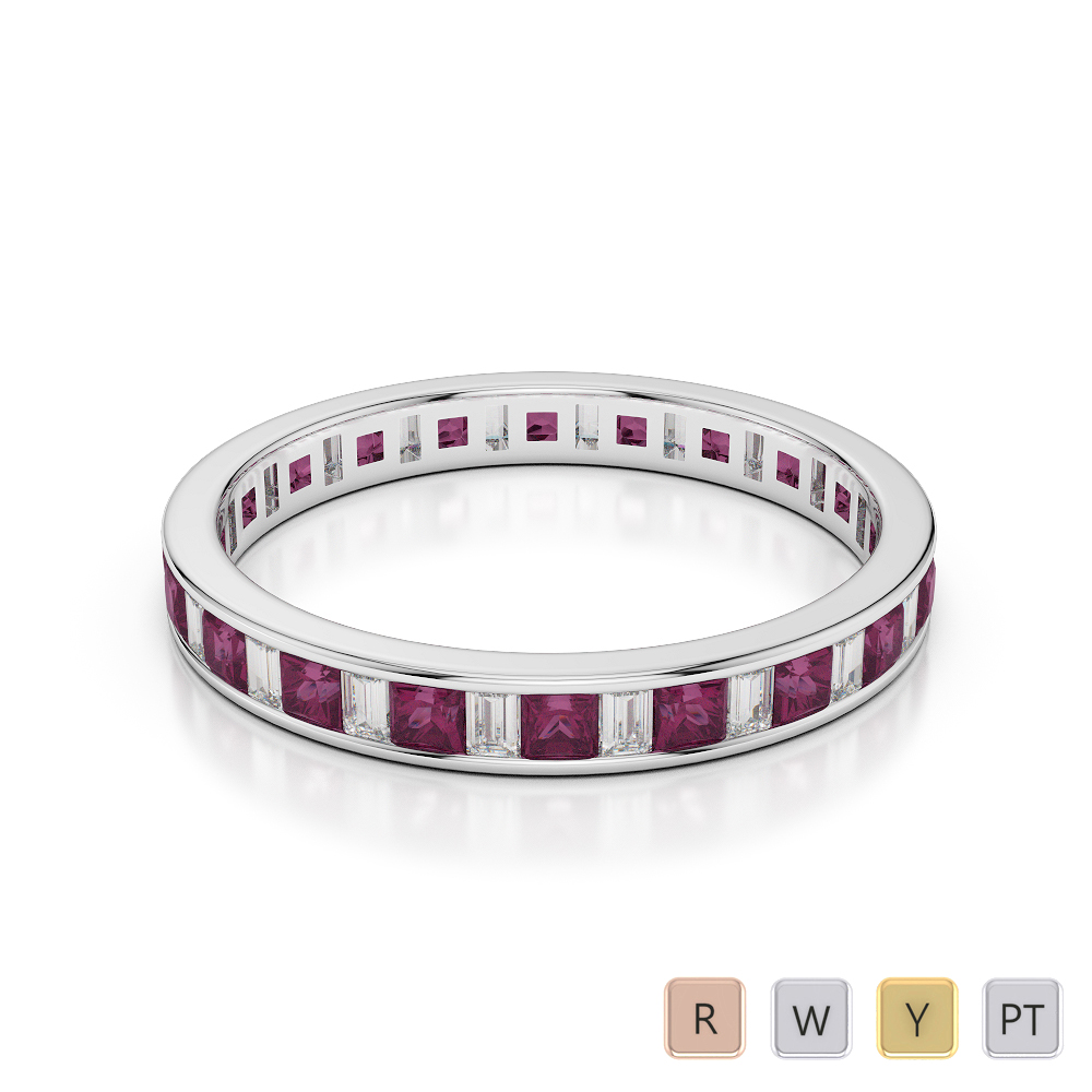 3 MM Gold / Platinum Princess and Baguette Cut Ruby and Diamond Full Eternity Ring AGDR-1140