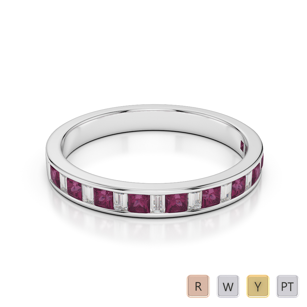 3 MM Gold / Platinum Princess and Baguette Cut Ruby and Diamond Half Eternity Ring AGDR-1142