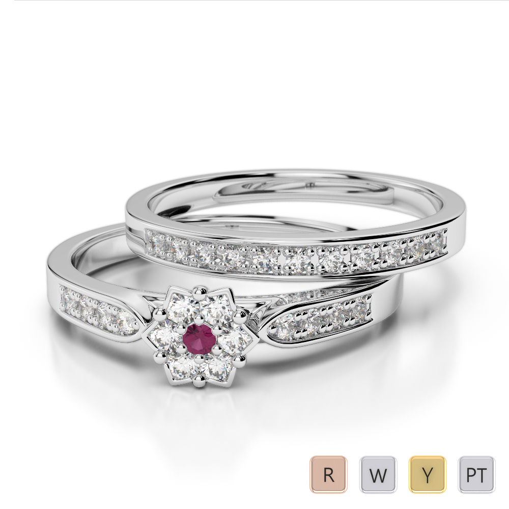 Gold / Platinum Round cut Ruby and Diamond Bridal Set Ring AGDR-1051