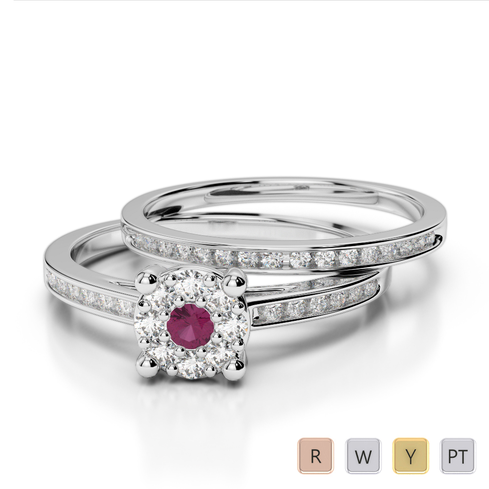 Gold / Platinum Round cut Ruby and Diamond Bridal Set Ring AGDR-1052