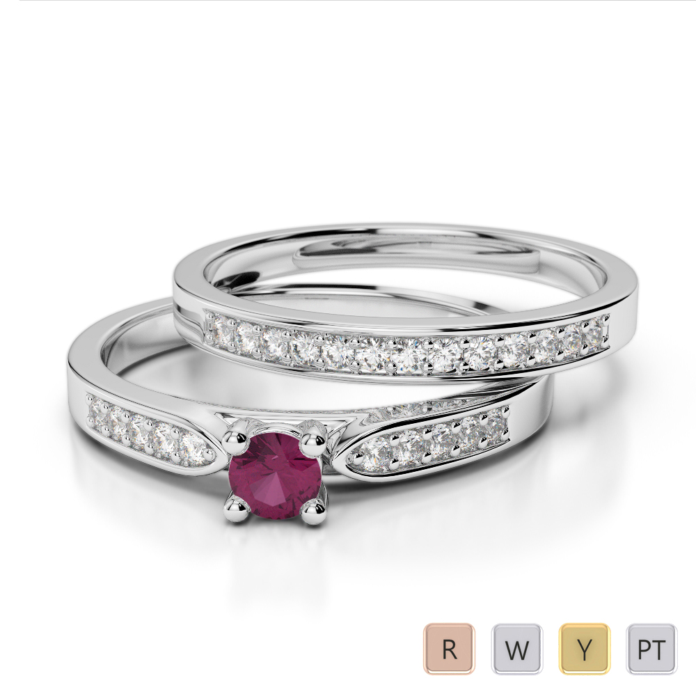 Gold / Platinum Round cut Ruby and Diamond Bridal Set Ring AGDR-1054
